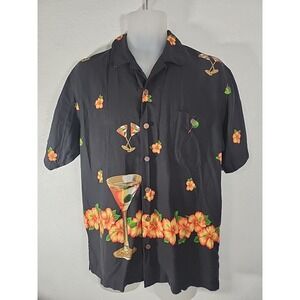 Luau Black Hawaiian Martini Glass Cocktail Floral Camp Shirt Men's Size M